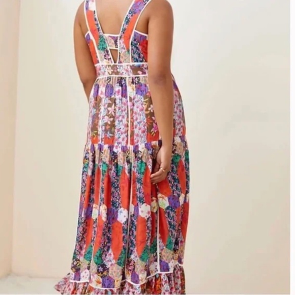 Square Neck Floral Peasant Boho Modern Hippie Farm Hipster Patchwork Maxi Dress - Picture 3 of 6